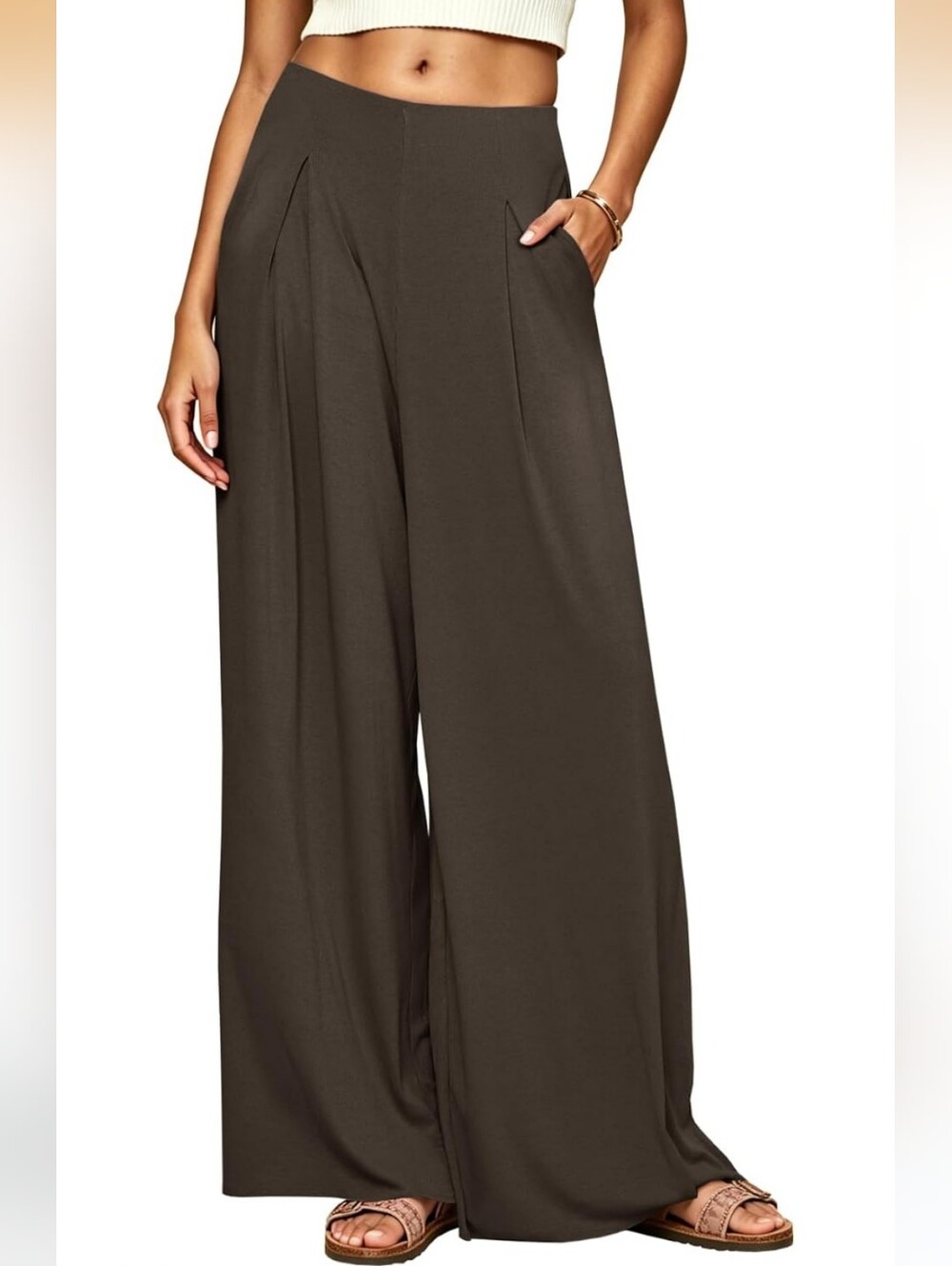 High-Rise Coffee Palazzo Pants - Women's Wide Leg Pull-On